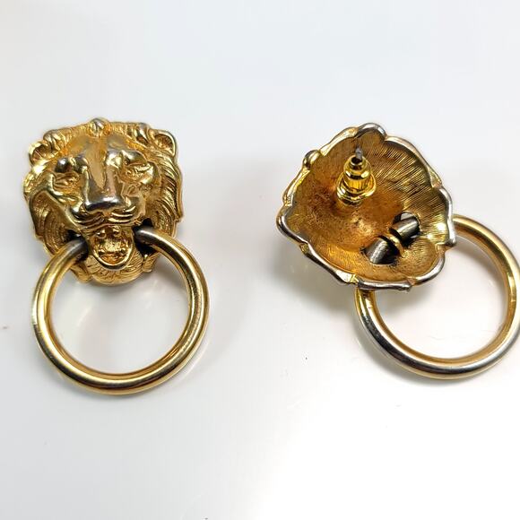 Gold Lion Head Hoop Earrings, Bold Statement Retro Fashion Jewelry for Women - Picture 6 of 10